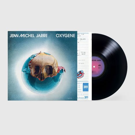 "JEAN MICHEL JARRE OXYGENE". Illustration: Erde als Schädel, daneben Vinyl-Schallplatte mit pinkem Label.