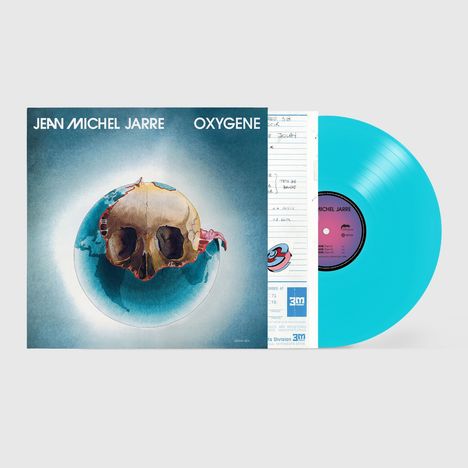 "JEAN MICHEL JARRE OXYGENE" steht oben. Illustration einer Erde mit aufgebrochener Schädeldecke. Türkises Vinyl sichtbar.