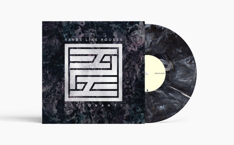 Text: "HANDS LIKE HOUSES DISSONANTS". Dunkles, abstraktes Cover mit geometrischem Muster und Vinyl-Schallplatte.