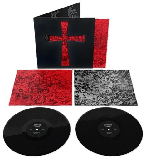 Zwei Schallplatten mit "Iommi" in der Mitte. Schwarzes Cover mit einem roten Kreuz zeigt Illustrationen.
