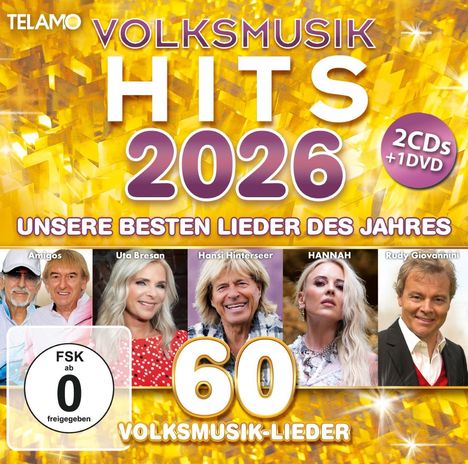 "Volksmusik Hits 2026", "Unsere besten Lieder des Jahres", 60 Lieder. Fotos von sechs Künstlern auf goldenem Hintergrund.