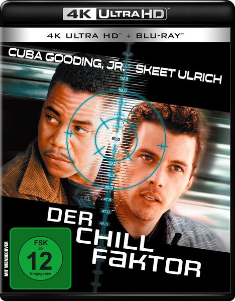 "Der Chill Faktor" in Weiß, Gesichter von zwei Männern mit Fadenkreuz, oben "Cuba Gooding, Jr.", "Skeet Ulrich", FSK 12.
