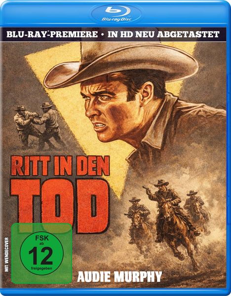 "RITT IN DEN TOD" oben, "FSK ab 12" im grünen Kreis unten, Illustration: Cowboy in Nahaufnahme und Reitende im Hintergrund.