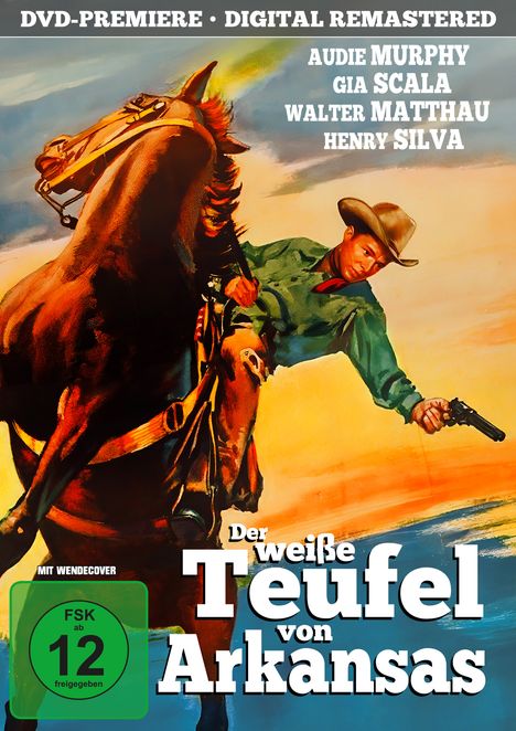 Texte: "DVD-PREMIERE • DIGITAL REMASTERED", "Der weiße Teufel von Arkansas", "FSK ab 12 freigegeben". Illustration: Cowboy auf Pferd.