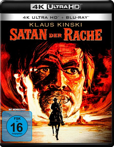 4K ULTRA HD + BLU-RAY, KLAUS KINSKI, SATAN DER RACHE. Illustration: Ein Reiter vor einem intensiven Porträt in feurigen Farben.