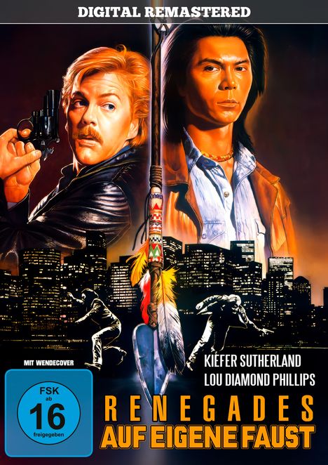 "Digital Remastered", "RENAGADES Auf eigene Faust", "Kiefer Sutherland, Lou Diamond Phillips". Zwei Männer, Stadt-Silhouette.