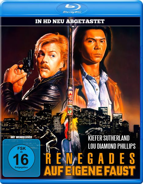 „IN HD NEU ABGETASTET“, „FSK ab 16 freigegeben“, „Renegades: Auf eigene Faust“. Zwei Männer, eine Stadtansicht.