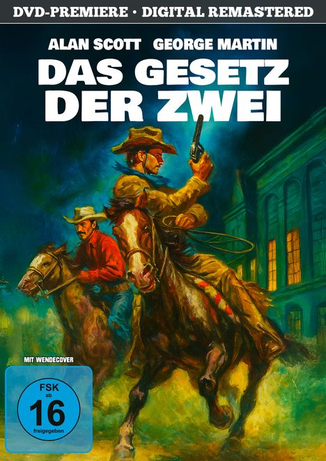 „Das Gesetz der Zwei“ steht groß oben. Zwei Cowboys reiten auf Pferden, einer zielt mit einer Pistole.