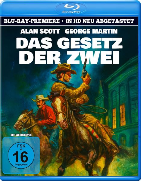 "Das Gesetz der Zwei" Blu-ray-Cover: Zwei Cowboys reiten auf Pferden im Western-Stil vor einem Gebäude bei Nacht.