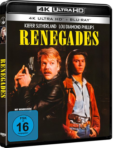 "4K Ultra HD + Blu-ray, Renegades, ab 16". Zwei Männer, einer mit Lederjacke, der andere mit Jeansjacke und Pistole.