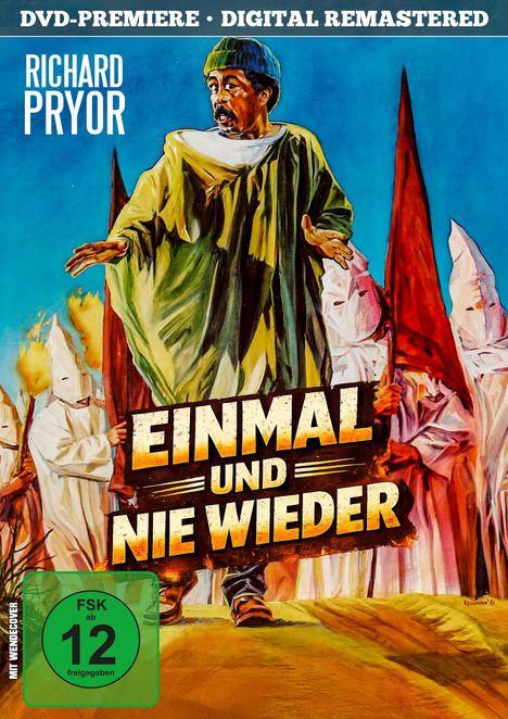DVD-Premiere, digital remastered. Richard Pryor. Einmal und nie wieder. FSK ab 12. Illustration von Pryor mit Kapuzentragenden.