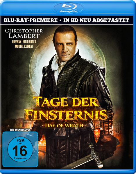 BLU-RAY-PREMIERE, IN HD NEU ABGETASTET, Christophe Lambert, TAGE DER FINSTERNIS, FSK 16, Mann mit Schwert in mittelalterlichem Outfit.