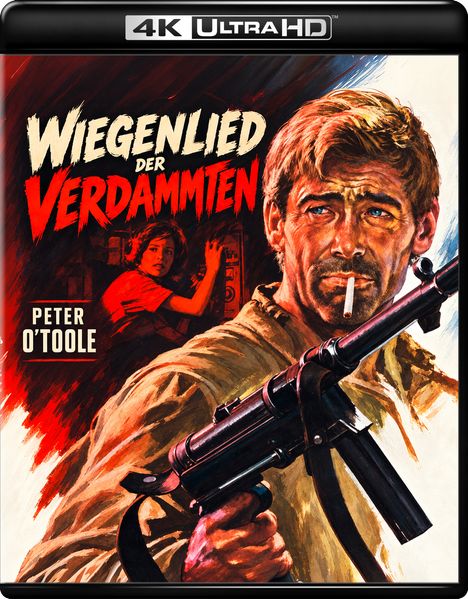 „WIEGENLIED DER VERDAMMTEN“, „PETER O'TOOLE“. Ein Mann mit Gewehr und Zigarette, daneben eine Frau in rot.