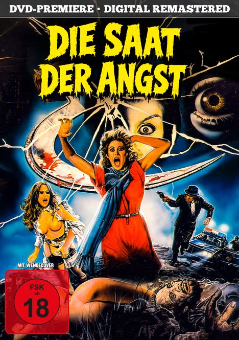 "Die Saat der Angst", FSK ab 18. Eine Frau in Panik. Spannung, Chaos, Polizist mit Waffe, zerrissenes Auge im Hintergrund.