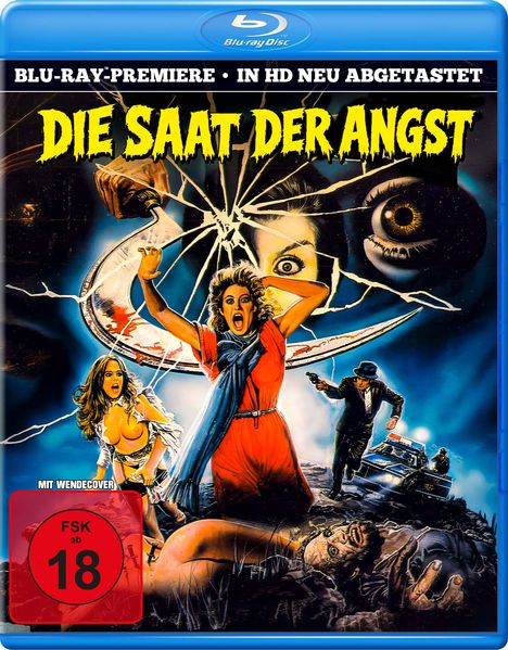 „DIE SAAT DER ANGST“ und „FSK ab 18“. Illustration zeigt schreiende Frau, zerspiegeltes Glas und bedrohliche Szenen.