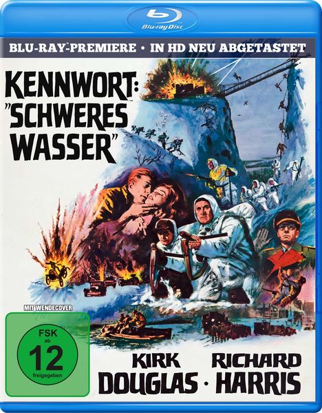 Text: "Kennwort: 'Schweres Wasser'", "Blu-ray Premiere", "In HD neu abgetastet". Illustration im Kriegsstil, Explosionen.