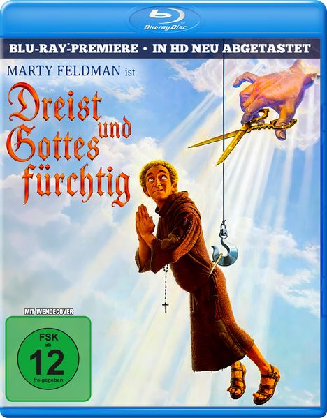 Auf der Hülle steht: "Marty Feldman ist Dreist und Gottesfürchtig". Illustration zeigt einen Mönch am Haken, Hände betend.