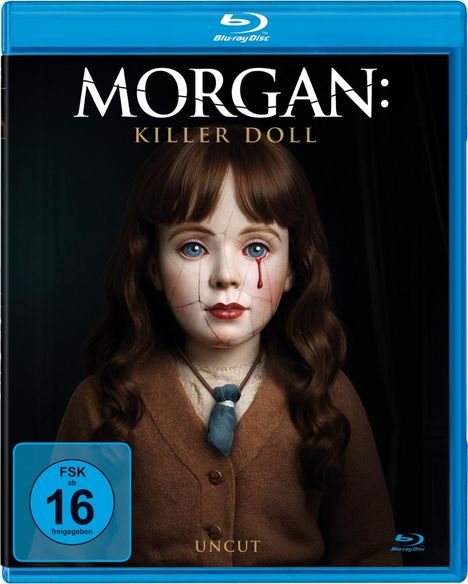 "MORGAN: KILLER DOLL", "UNCUT", "FSK ab 16 freigegeben". Eine Puppe mit langen Haaren und rot unterlaufenen Augen.