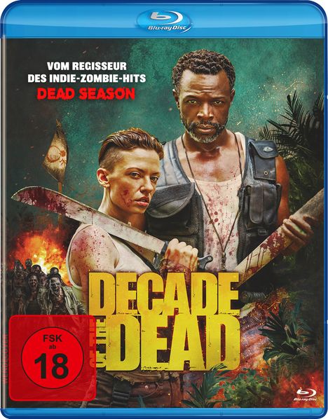 Texte: "Vom Regisseur des Indie-Zombie-Hits Dead Season", "Decade of the Dead", "FSK ab 18". Zwei Personen, Blätter, Zombie-Motiv.