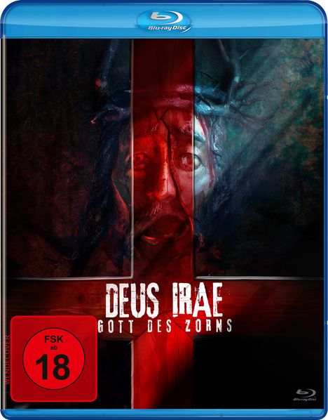 "DEUS IRAE: GOTT DES ZORNS", FSK ab 18. Illustration mit einem erschöpften Gesicht hinter einem roten Kreuz.