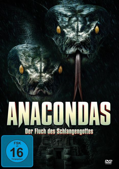 Text: "ANACONDAS Der Fluch des Schlangengottes". Zwei große Schlangenköpfe mit gelben Augen. FSK 16, düsteres Design.
