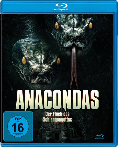 "ANACONDAS: Der Fluch des Schlangengottes." Zwei bedrohliche Schlangen mit gelben Augen und ausgestreckten Zungen.