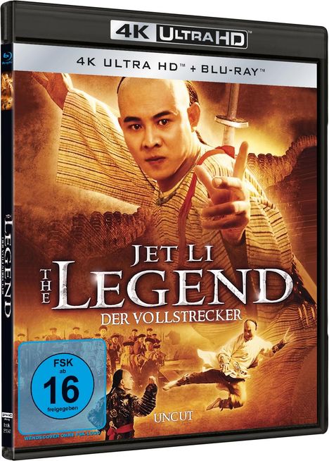 „4K Ultra HD“, „Jet Li - The Legend Der Vollstrecker“, FSK 16. Kämpfer in dynamischer Pose, historische Szenerie.