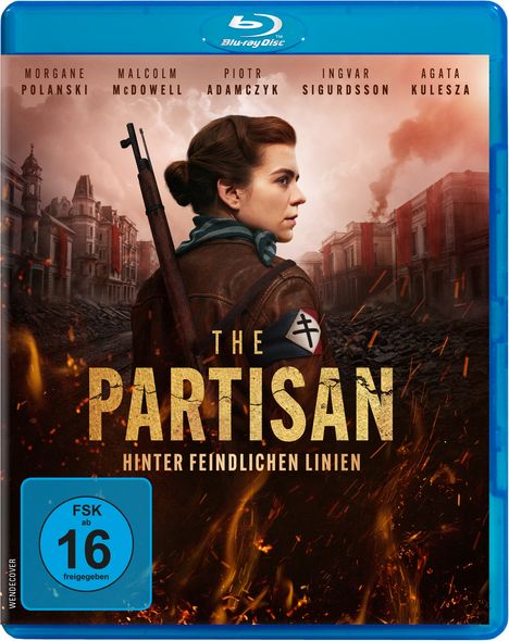 Text: "THE PARTISAN: HINTER FEINDLICHEN LINIEN" und mehrere Darstellernamen. Blaues FSK 16-Logo unten links. Kriegszene mit Frau.