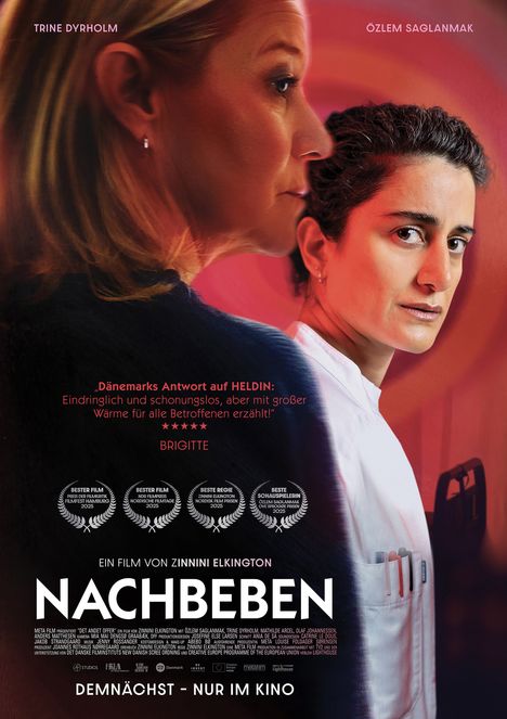 Text: "Dänemarks Antwort auf HELDIN," "NACHBEBEN," "DEMÄCHST - NUR IM KINO." Zwei Personen, eine in Nahaufnahme.