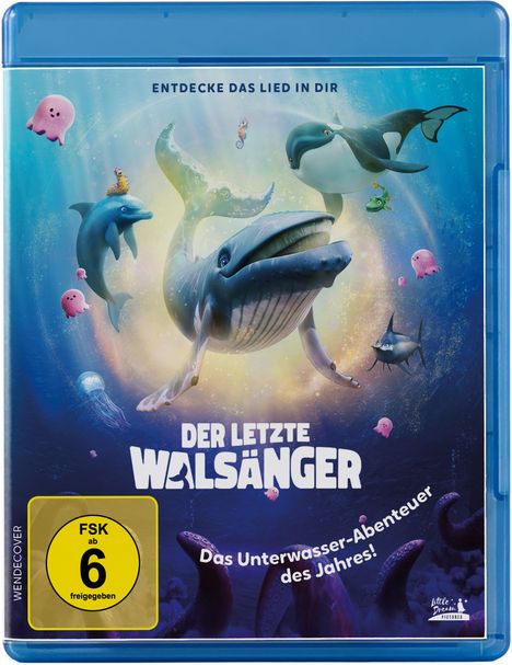 "Entdecke das Lied in dir", "Der letzte Walsänger", "Das Unterwasser-Abenteuer des Jahres!". Illustrierte Meeresbewohner.
