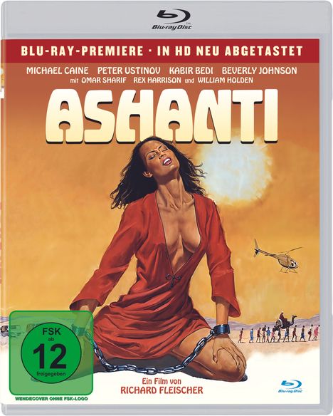 Oben steht "BLU-RAY-PREMIERE - IN HD NEU ABGETASTET". Groß "ASHANTI", darunter kniende Frau in Ketten, Wüste mit Hubschrauber.