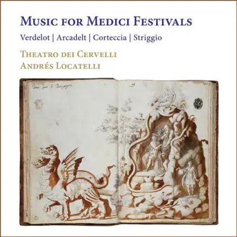 "Music for Medici Festivals" Titel. Gemälde von Drachen und Figuren. Komponisten: Verdelot, Arcadelt.