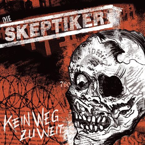 "Die Skeptiker" in großen weißen Buchstaben, darunter "Kein Weg zu weit" in weißer Schrift. Gezeichnete Totenkopf-Illustration.