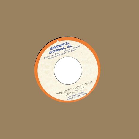 7-Zoll-Schallplatten-Etikett "Monumental Recording, Inc.", Titel "This Night" von Johnny Cymbal, brauner Hintergrund.