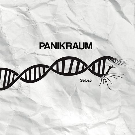 Text „PANIKRAUM Selbst“. Illustration einer DNA-Helix auf zerknittertem Hintergrund.