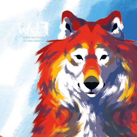 Logo mit "WOLF", Ronja Maltzahn, Tetiana Shevchuk, zeigt stilisierten, bunt gefärbten Wolf mit lebhaften Farben.