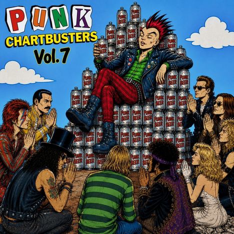 Text: PUNK CHARTBUSTERS Vol. 7, PUNK BEER.  
Illustration: Punks sitzen auf einem Thron aus Bierdosen, umgeben von knienden, betenden Menschen.