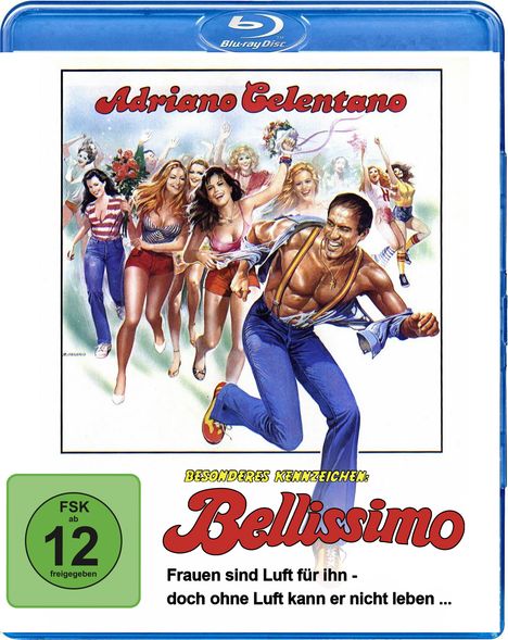 "Adriano Celentano", "BESONDERES KENNZEICHEN: Bellissimo", "Frauen sind Luft für ihn - doch ohne Luft kann er nicht leben ...", FSK ab 12. Illustration von fröhlichen Frauen, ein Mann vorne in dynamischer Pose.