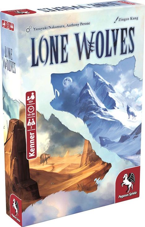 "LONE WOLVES" in großen Buchstaben, wolkenverhangener Himmel, verschneite Berge, Wüste, Wolf, roter Pegasus Spiele-Logo.