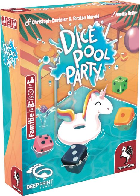 "DICE POOL PARTY" in großen blauen Buchstaben, Einhorn-Schwimmring, bunte Würfel im Wasser. Familien-Spiel kompatibel.