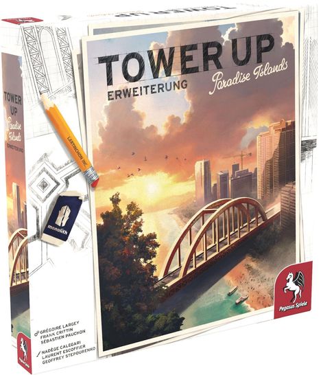 "TOWER UP Erweiterung Paradise Islands" steht auf einer Schachtel mit einer Illustration von einer Brücke und einem Sonnenuntergang.