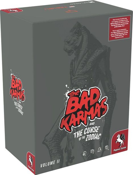 Text: "The Bad Karmas and the Curse of the Zodiac", "Volume II". Dunkles Cover mit Drachenillustration und Pegasus-Logo.