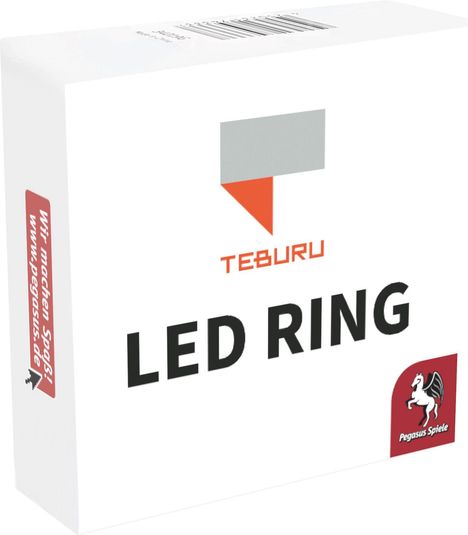 "TEBURU LED RING" in Großbuchstaben. Rotes Pegasus Spiele-Logo auf weißem Hintergrund.
