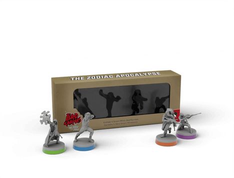 "The Zodiac Apocalypse" auf einer Verpackung mit vier kleinen Spielfiguren in verschiedenen Posen auf farbigen Sockeln.