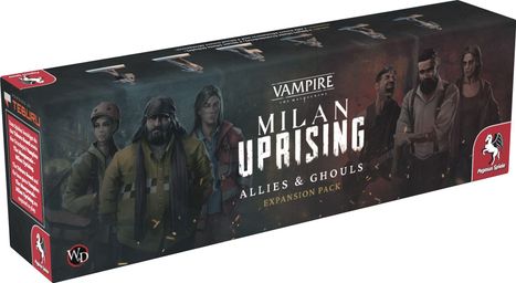 Auf einer Spielbox steht "Vampire: The Masquerade - Milan Uprising: Allies & Ghouls Expansion Pack", mit Figuren und Pegasus Spiele Logo.