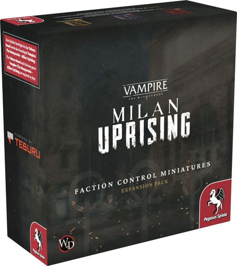 "Vampire: The Masquerade - Milan Uprising" steht groß auf einer dunklen Verpackung. Enthält Miniaturen für ein Spiel.