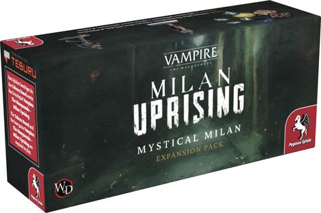 Aufschrift "Vampire: The Masquerade - Milan Uprising: Mystical Milan Expansion Pack". Logo mit Pegasus abgebildet.
