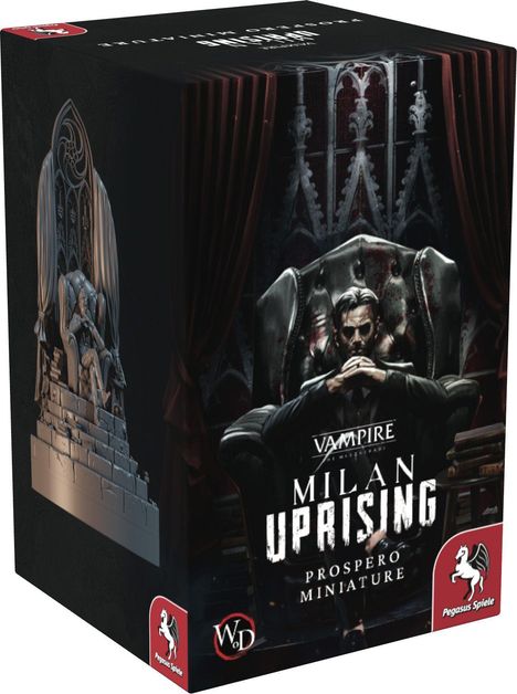 „Vampire: The Masquerade Milan Uprising Prospero Miniature“. Dunkler Thronsaal, Mann in Sessel, Pegasus Spiellogo.