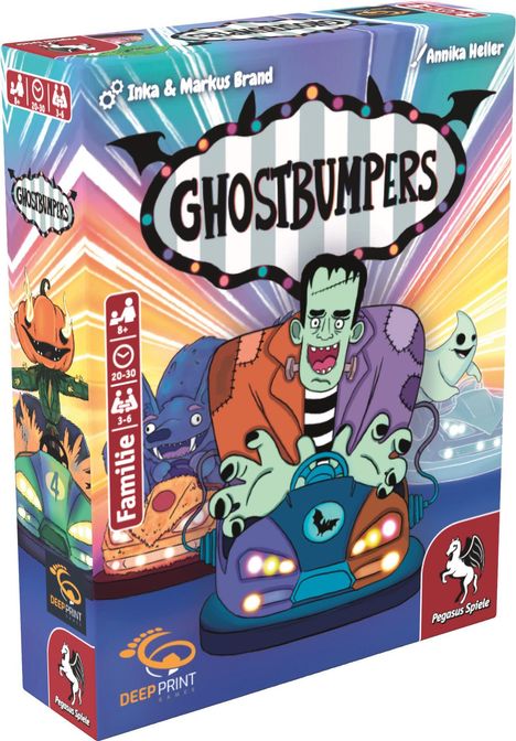 "GHOSTBUMPERS", Inka & Markus Brand, Annika Heller. Illustration: Monster im Autoskooter, schaurige Fahrgäste, bunte Lichter.