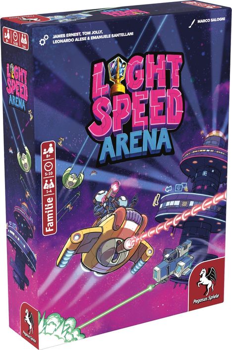 "LIGHTSPEED ARENA" steht in großen Buchstaben. Illustration eines Weltraumrennens mit Raumschiffen und Laserwaffen.